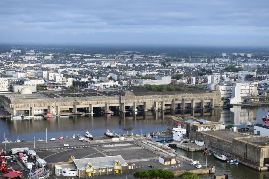 Aerial view of the U-boat bunker and the fortified lock on the opposite side of the basin