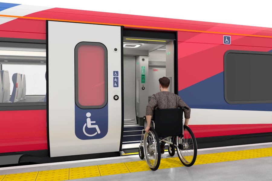 Rendition of a passenger in a wheelchair boarding a train