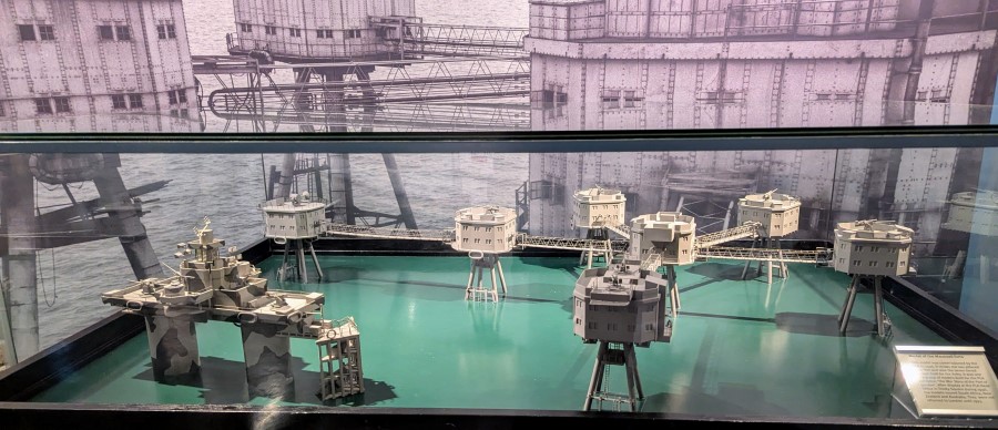 A model in the London Museum, Docklands of the anti-aircraft forts on triangular stilts at the mouth of the Thames estuary.