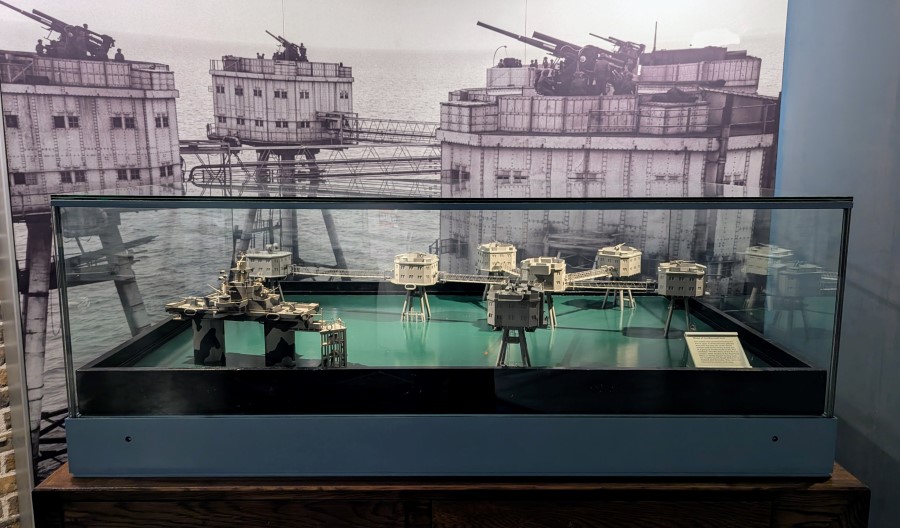 A model in the London Museum, Docklands of the anti-aircraft forts on triangular stilts at the mouth of the Thames estuary.