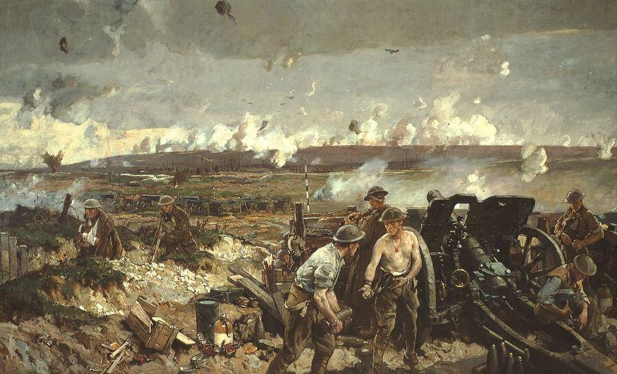 Painting of an artillery battery shelling Vimy Ridge