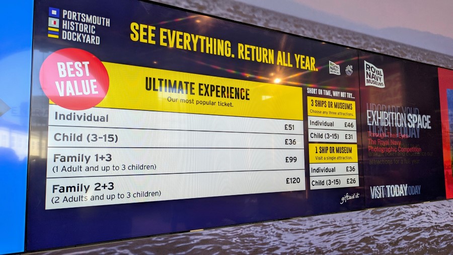 Photo of a display screen with Portsmouth Historic Dockyard ticket prices