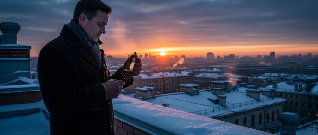AI generated image of a man on a rooftop in winter timing the sunrise