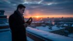AI generated image of a man on a rooftop in winter timing the sunrise