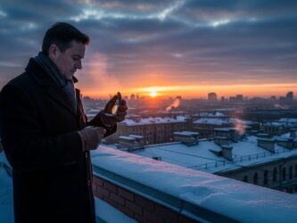 AI generated image of a man on a rooftop in winter timing the sunrise