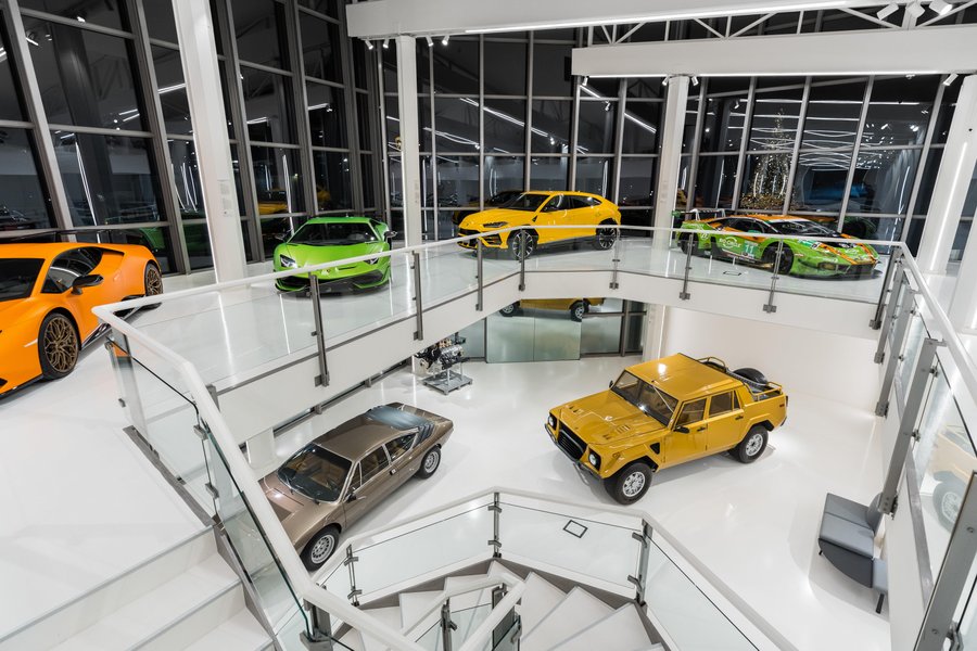 Two floors of Lamborghini cars, including a pick-up truck