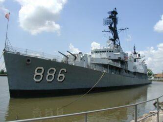 The destroyer, USS Orleck museum ship coming alongside