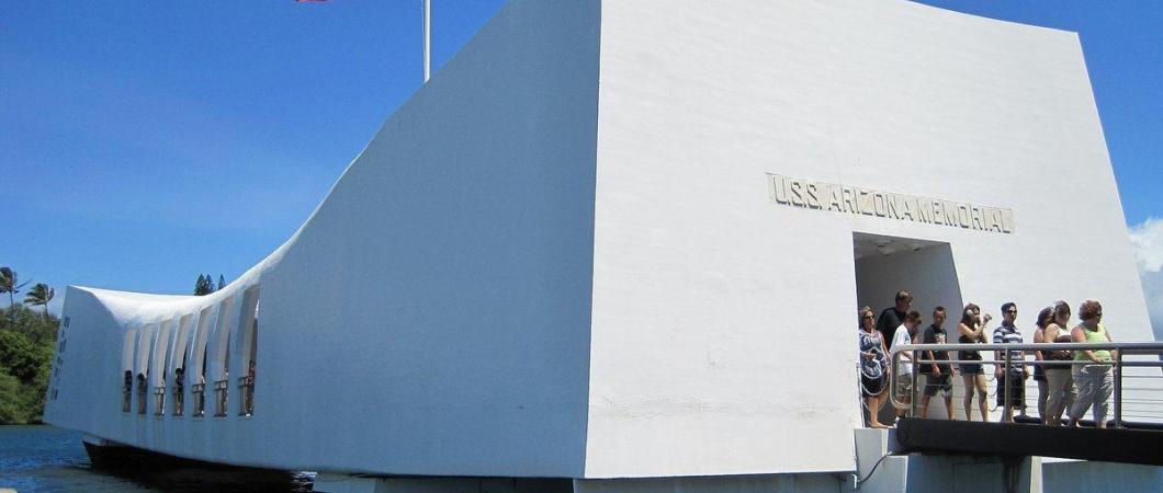 Close up of USS Arizona Memorial with visitors entering