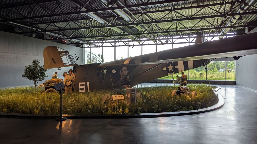 The green Waco glider in a setting of tall grass