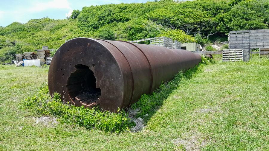 Long section of barrel lying on the grass