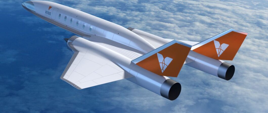 Artists rendition of a twin-engine, delta-winged airliner