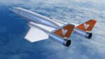 Artists rendition of a twin-engine, delta-winged airliner