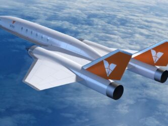 Artists rendition of a twin-engine, delta-winged airliner