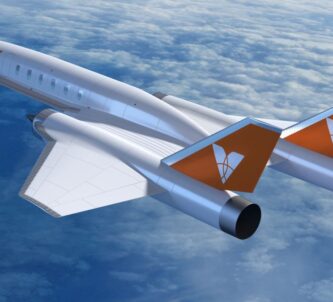 Artists rendition of a twin-engine, delta-winged airliner
