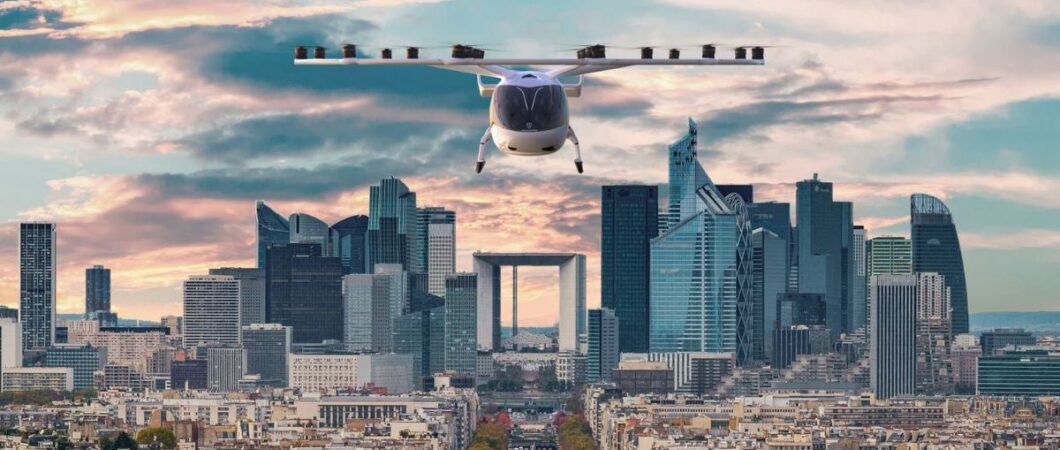 Render of an 18-rotor air taxi over Paris