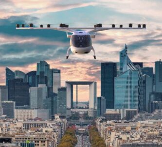 Render of an 18-rotor air taxi over Paris