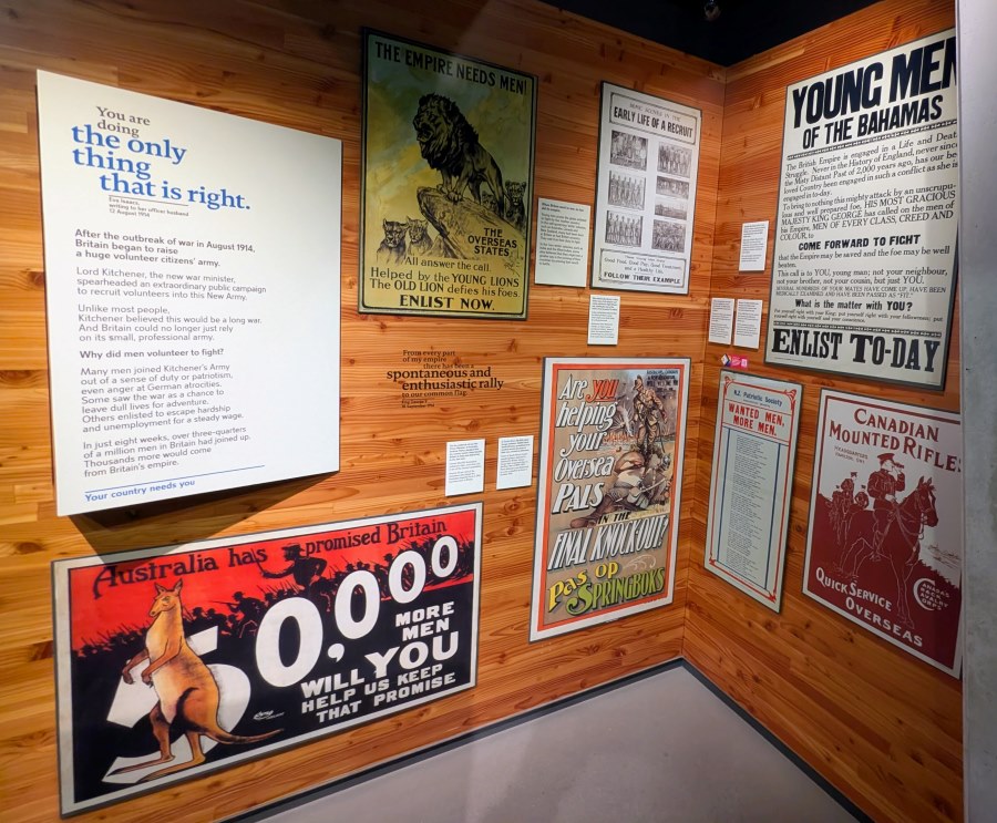 Wall display of colourful WW1 recruitment posters