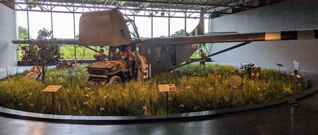 WW2 American glider unloading a jeep in a D-Day landing diorama