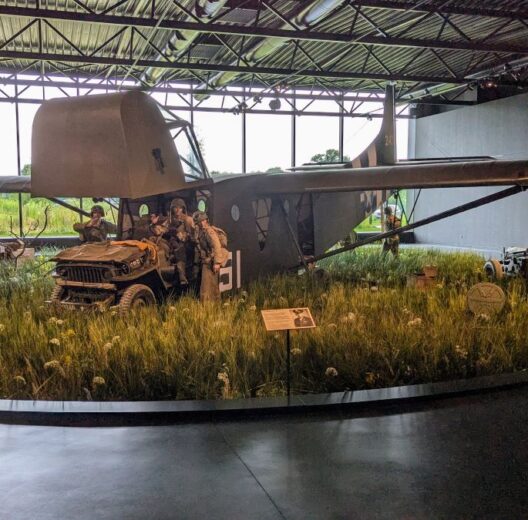 WW2 American glider unloading a jeep in a D-Day landing diorama