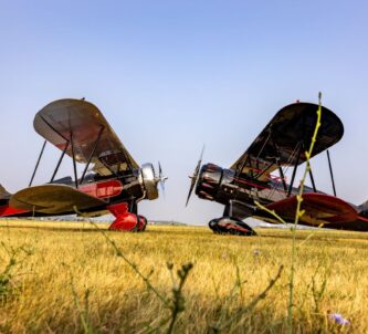 Two 1930s Waco biplanes parked on the grass facing each other