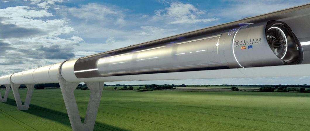 Artists impression of a hyperloop vehicle moving at speed through a cutaway tube above a country landscape