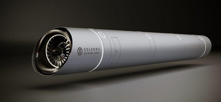 A design image of a Zeleros Hyperloop vehicle with turbofan at the front