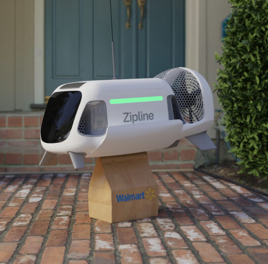 A small white spaceship-looking delivery droid drops a package by the front door