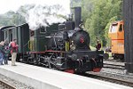 Steam billows from a small locomotive at the platform