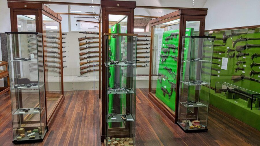 Small arms displayed against a green background in glass display cases