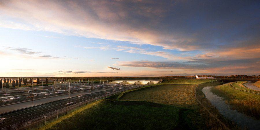 Artist rendering of the M25 tunnel entrance under the new runway, needed for the Heathrow Airport expansion, in evening light